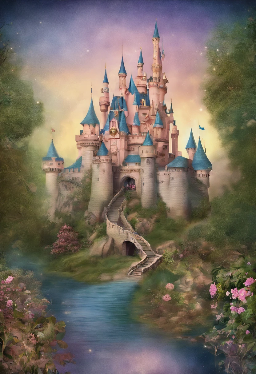 fantasy castle, fairy tale castle, disney castle, Stacia Burlington style, Vintage images, digital illustration