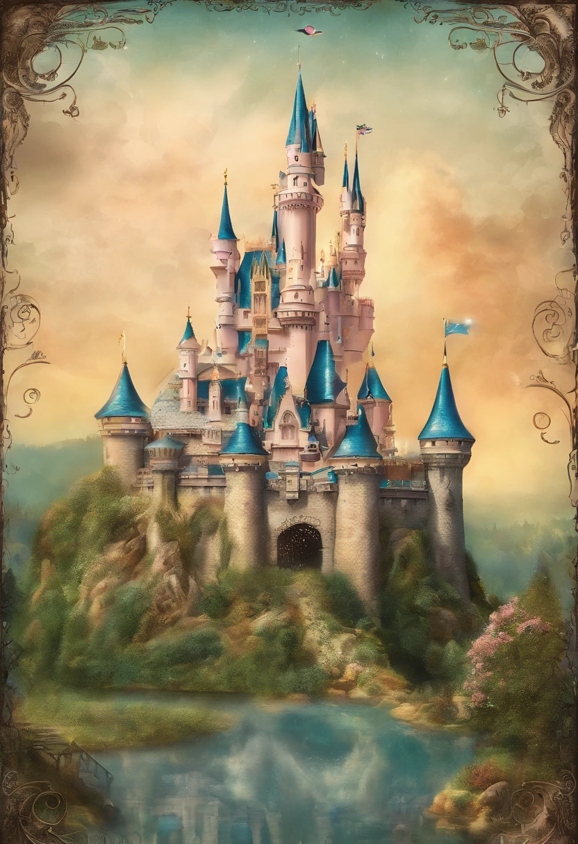 fantasy castle, fairy tale castle, disney castle, Stacia Burlington style, Vintage images, digital illustration