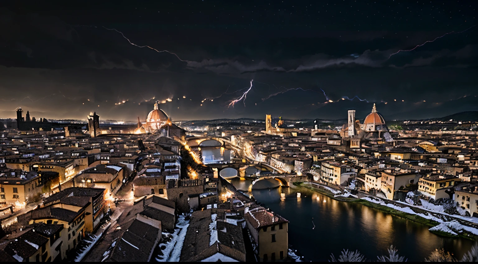 Ultra Realistic Florence city at night, city of Florence, photography look-like by night,ultra high quality, Firenze Duomo, dark orange, cold winter landscape, Christmas lights in the distance, winter sunset landscape, Florence city in winter, dark gray and dark orange, very detailed city landscape, lightningwave, unreal engine, hyper real