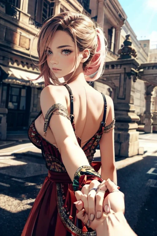 masterpiece, best quality, female, long_ponytail pink color hair, hair over one eye, back facing viewer, detailed beautiful eyes, detailed gorgeous face, perfect anatomy, very cute, dynamic pose, perfect shading, dramatic lighting, rendered in 8K resolution for high-quality detail, concept art, smooth, sharp focus, illustration, highly detailed, soft natural volumetric, cinematic perfect light, intricate details, PIXIV, krenzcushart, holding hands with viewer, bf_holding_hands,