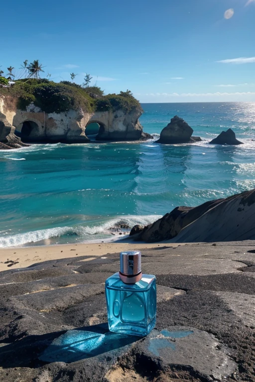 Imagem de um perfume com o frasco azul em degrade, fundo praia com dia ensolarado