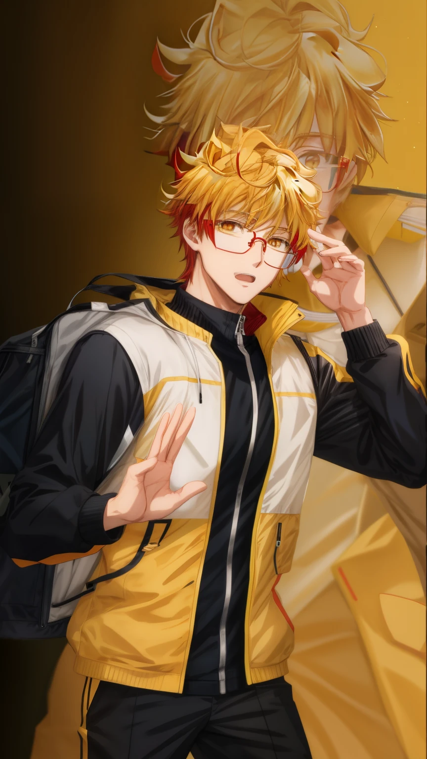 anime guy, glasses, yellow jacket, cool guy, red eye, hi five hand