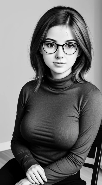 Realistic 80s photo on monochrome film; modest shy young petite plump Russian woman 38 years old, beautiful proportional round face, round cheeks, Round chin, Big shiny brown eyes, eyeglasses, beautiful small nose, Parted full sensual lips, Serious, calm pleasant smile, medium length brown thick tousled hair; small proportional plump body, beautiful very small realistic breasts with realistic large erect nipples (Nipple erection), (without underwear), Black tight turtleneck, embarrassed look at the camera, (upper-body), natural light; Monochrome image