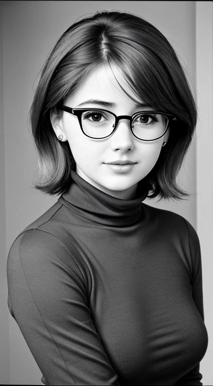 Realistic 80s photo on monochrome film; modest shy young petite plump Russian woman 38 years old, beautiful proportional round face, round cheeks, Round chin, Big shiny brown eyes, eyeglasses, beautiful small nose, Parted full sensual lips, Serious, calm pleasant smile, medium length brown thick tousled hair; small proportional plump body, beautiful very small realistic breasts with realistic large erect nipples (Nipple erection), (without underwear), Black tight turtleneck, embarrassed look at the camera, (upper-body), natural light; Monochrome image