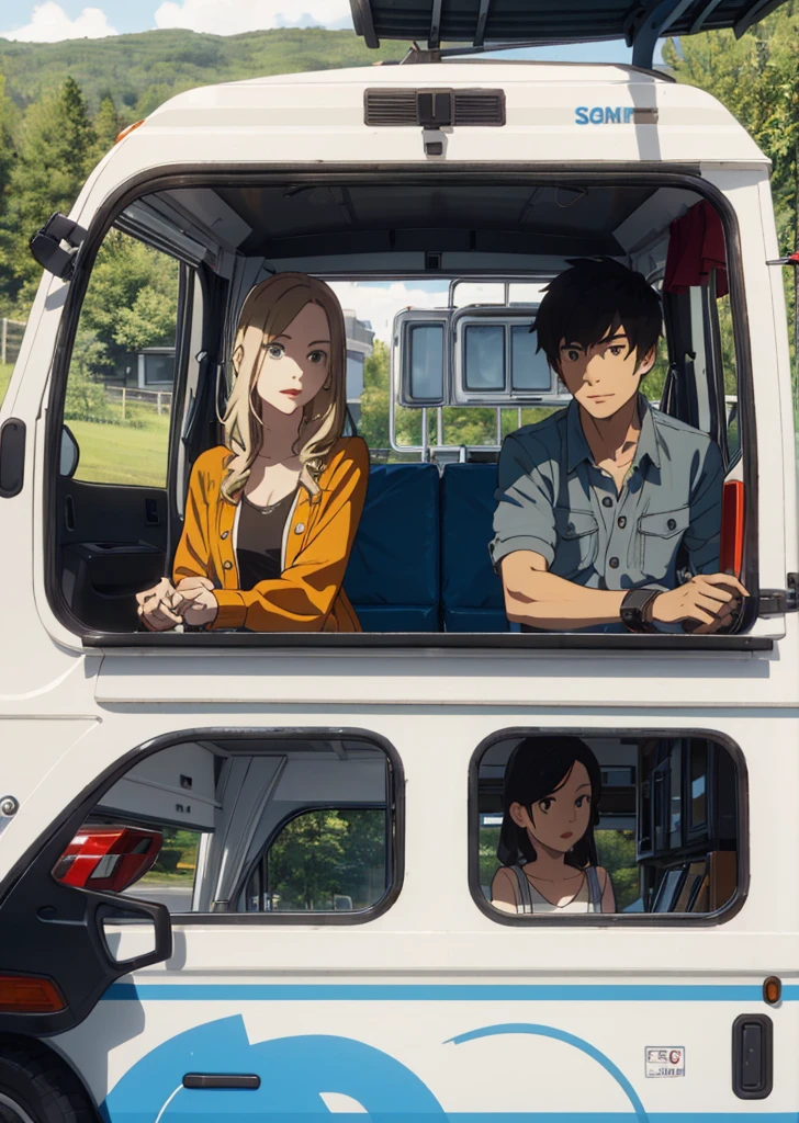 black haired boy and blonde girl driving a camper van