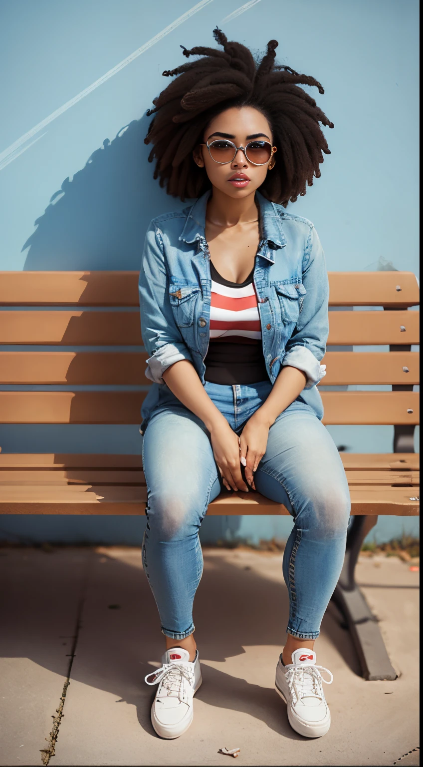 Mulher sexy, seios grandes, corpo atletico, jeans e jaqueta de couro branca, red Nike bomel sneakers and sunglasses, sitting on a bench in a square Afro hair
