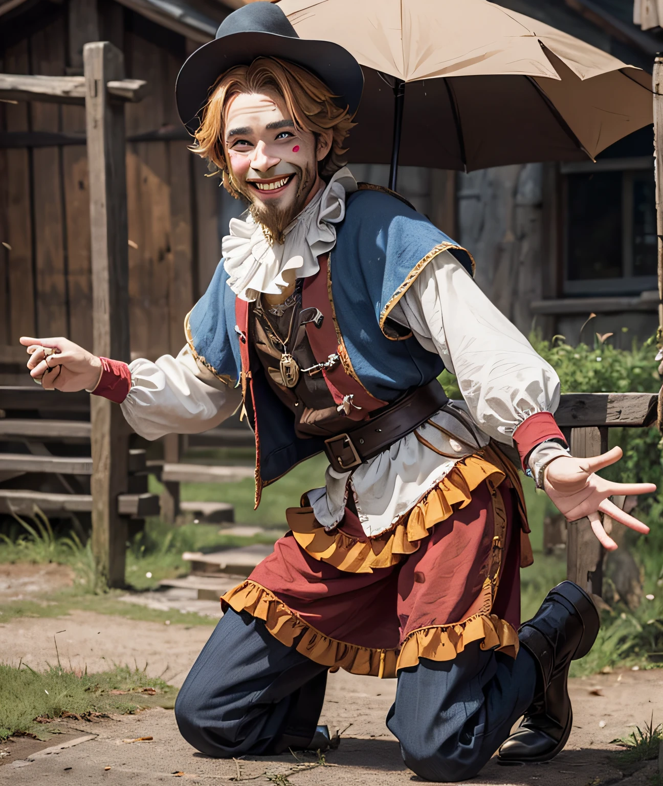a photo of medieval Villager, man, clown beggar, happy smile, evil smile, fullbody, medieval theme