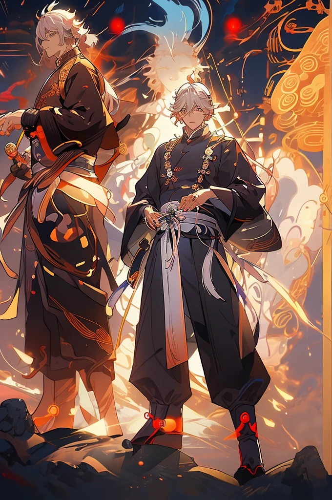 , (masutepiece:1.2), Best Quality,pixiv, Taoist,
A character standing in front of a blond shining Taoist,Transparent,