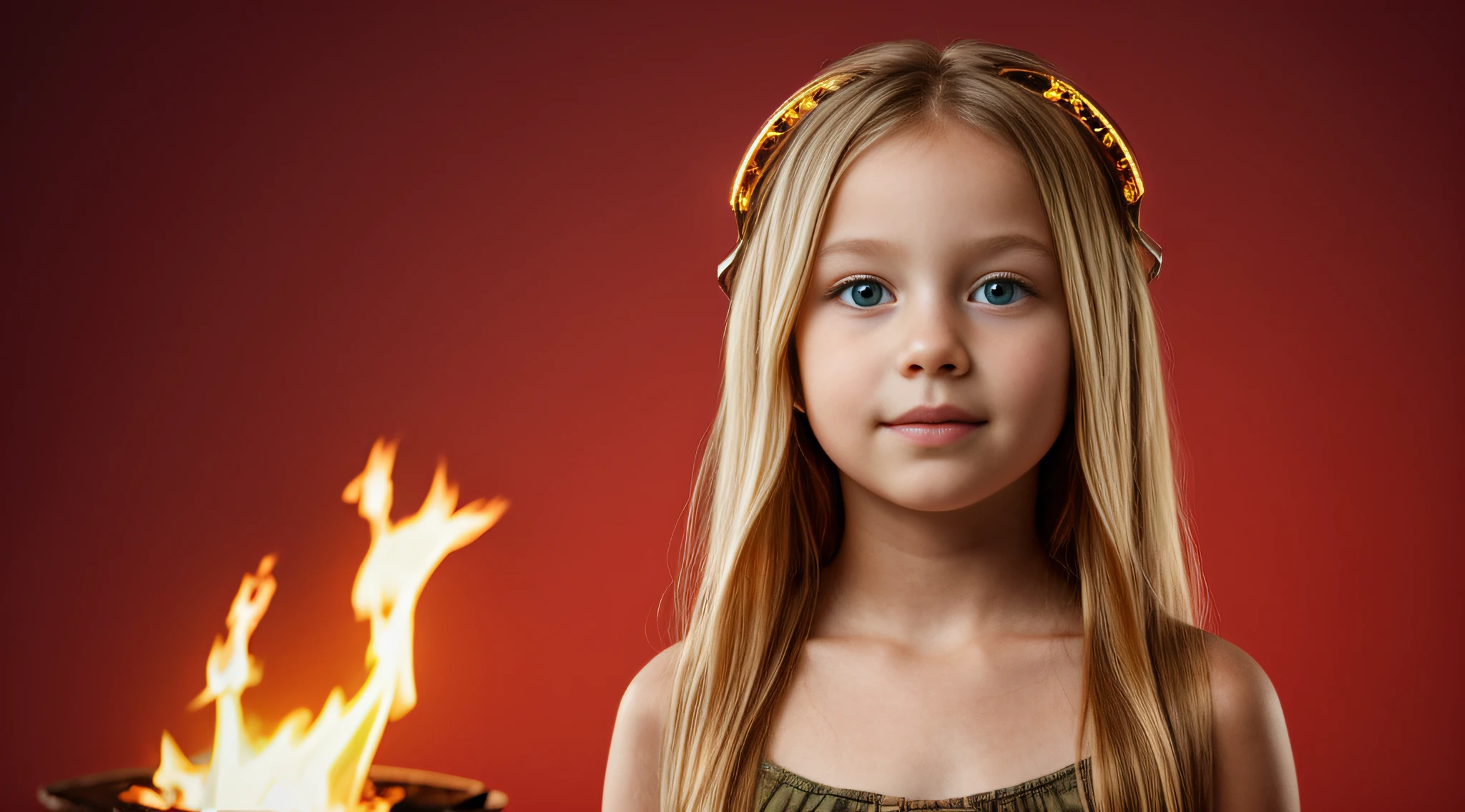 HALO EM FOGO, CHILD GIRL BLONDE LONG HAIR, fundo vermelho,