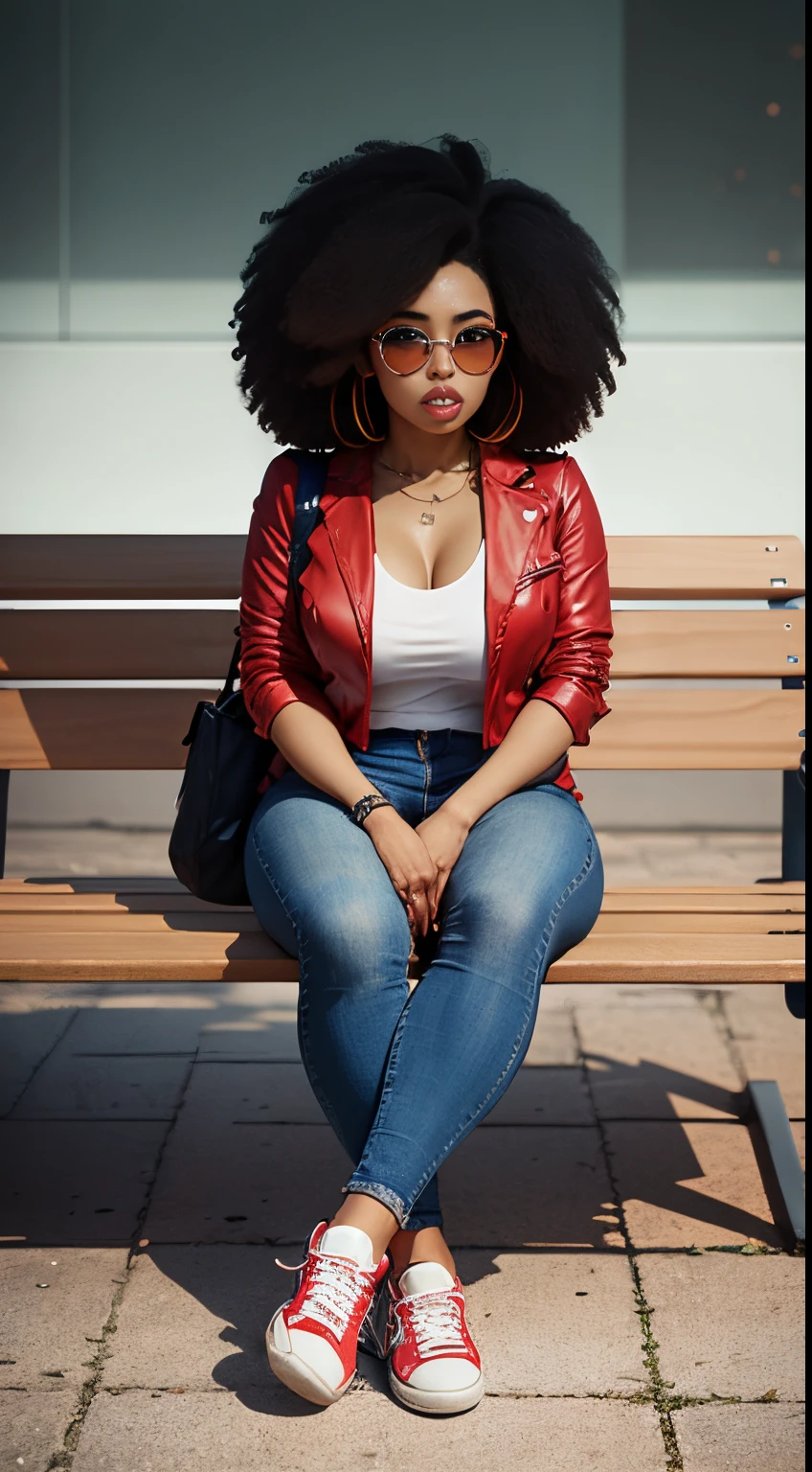 Mulher sexy, seios grandes, corpo atletico, jeans e jaqueta de couro branca, red Nike bomel sneakers and sunglasses, sitting on a bench in a square Afro hair a noite