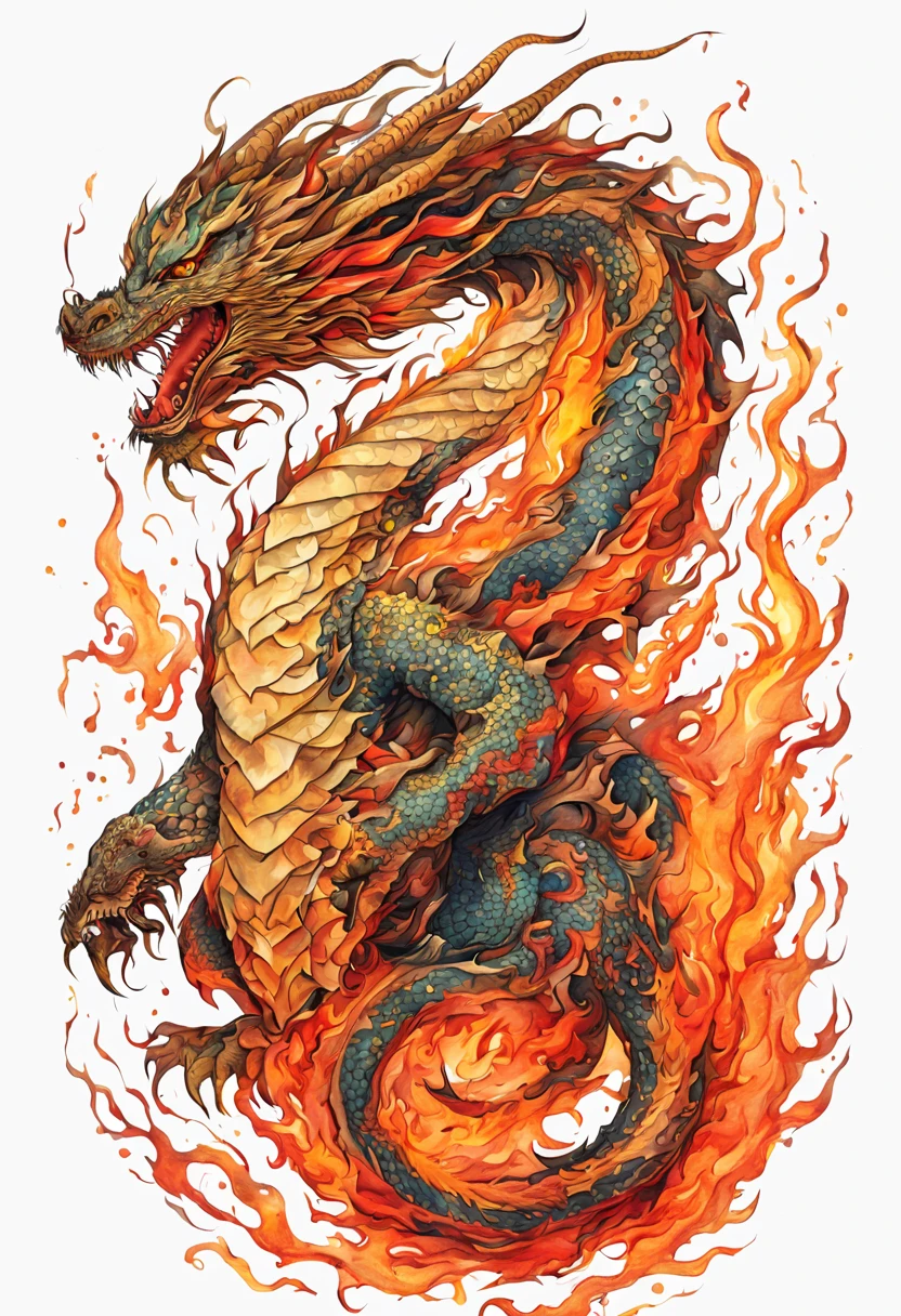 "STICKER, Oriental fierce dragon breathing fire, whole body in frame, WHITE background, intricate details split-complementary colors contrasting colors watercolor action painting ink drawing film noir"