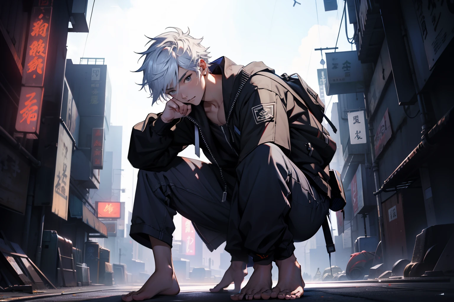 best qualtiy， tmasterpiece， 超高分辨率， detailedbackground， photorealestic， illustratio， Single， 1   boy， Shota， Barefoot， Volumetriclighting， depth of fields， shorter pants， Sit Pose， white color hair， single earring，Cyber City，nighttime scene， The character is to the right， Look from the bottom up。