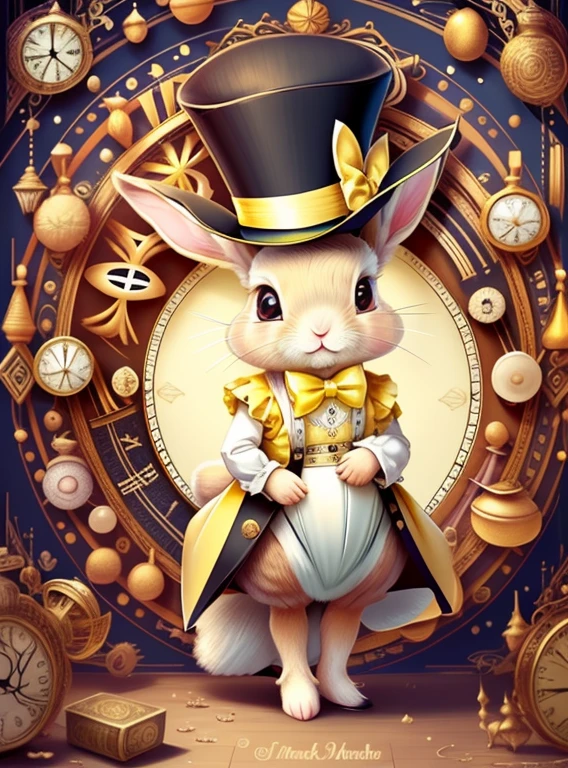 (cute baby rabbit with yellow top hat and lots of clocks), Munchkin ,Geometric multidimensional wall portrait, livro de arte, Tchibi,
Yang08k, Beautiful, Colouring,
Obras, of the highest quality, best quality, Arte Oficial, Beautiful and Aesthetic,