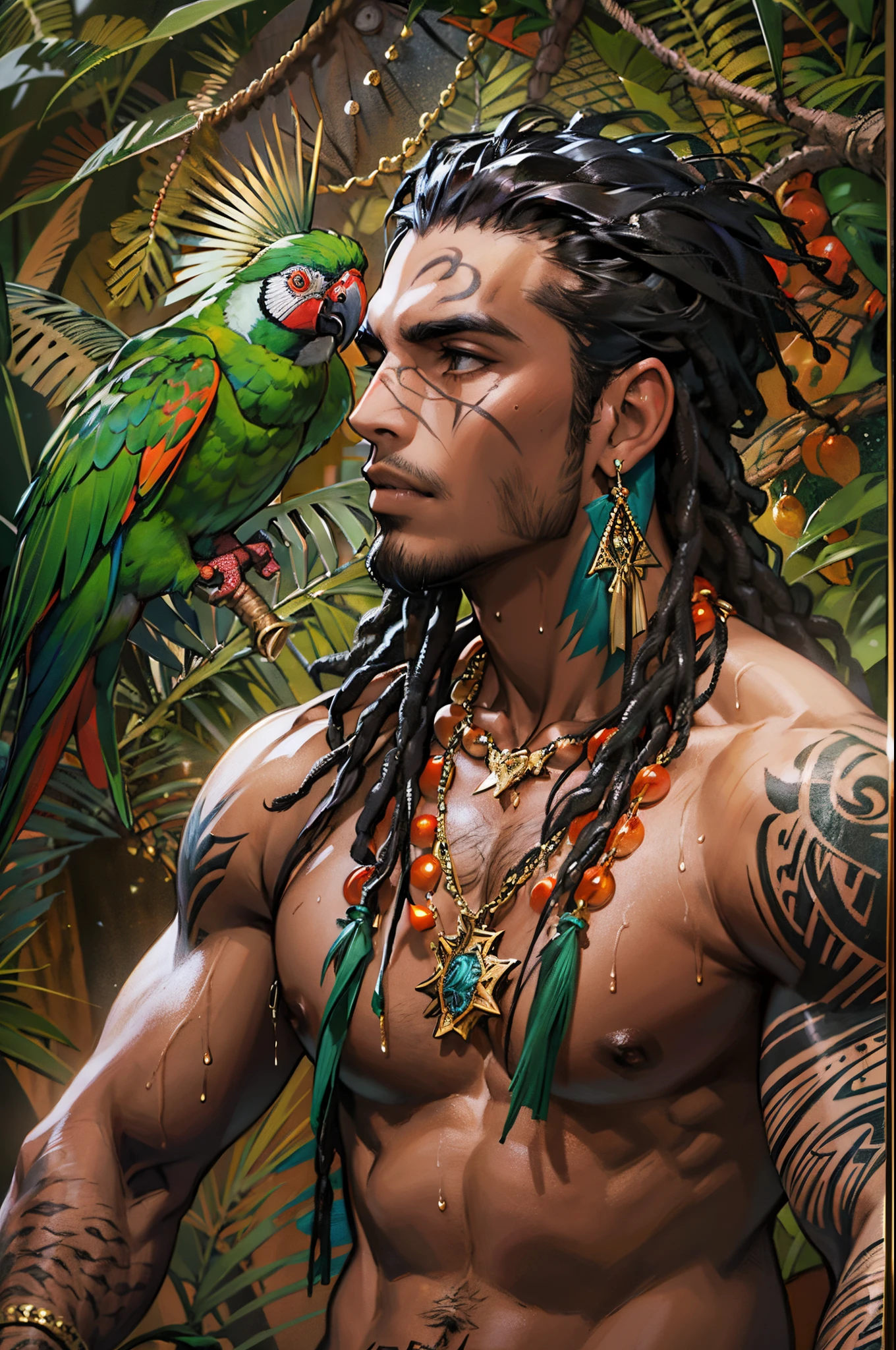 Rudá God of Love, indigenous native to the Amazon, guerreiro, In his hand he holds a bow and arrow, homem sexy, corpo escultural, veste de penas de aves, deus, amor, poderes, efeitos de luz vermelha, A large anaconda is your companion
