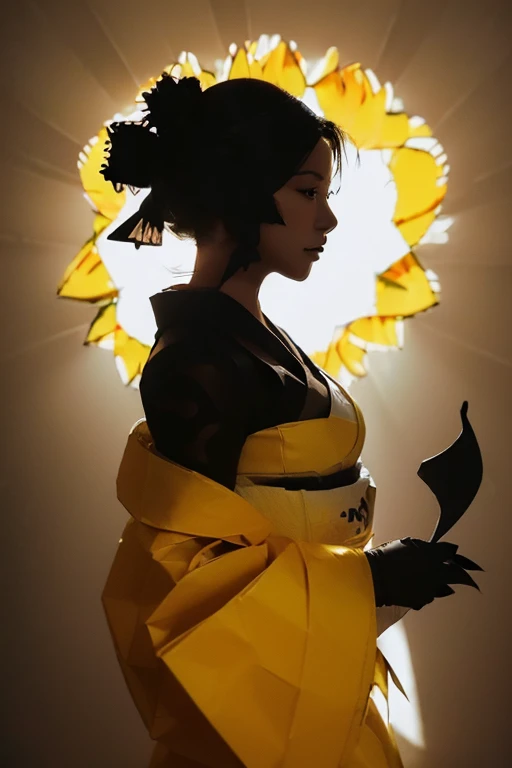 (Silhouette art,paper cut out:1.6)
(((arte em papel cortado,A world where only black exists:1.3)
(cow boy shot),1 girl,Alone,
(Kimono Girl,contours:1.2),The white, Face clear and beautiful,
BREAK BREAK BREAK
(yellow sunflowers)
Textured glass background,