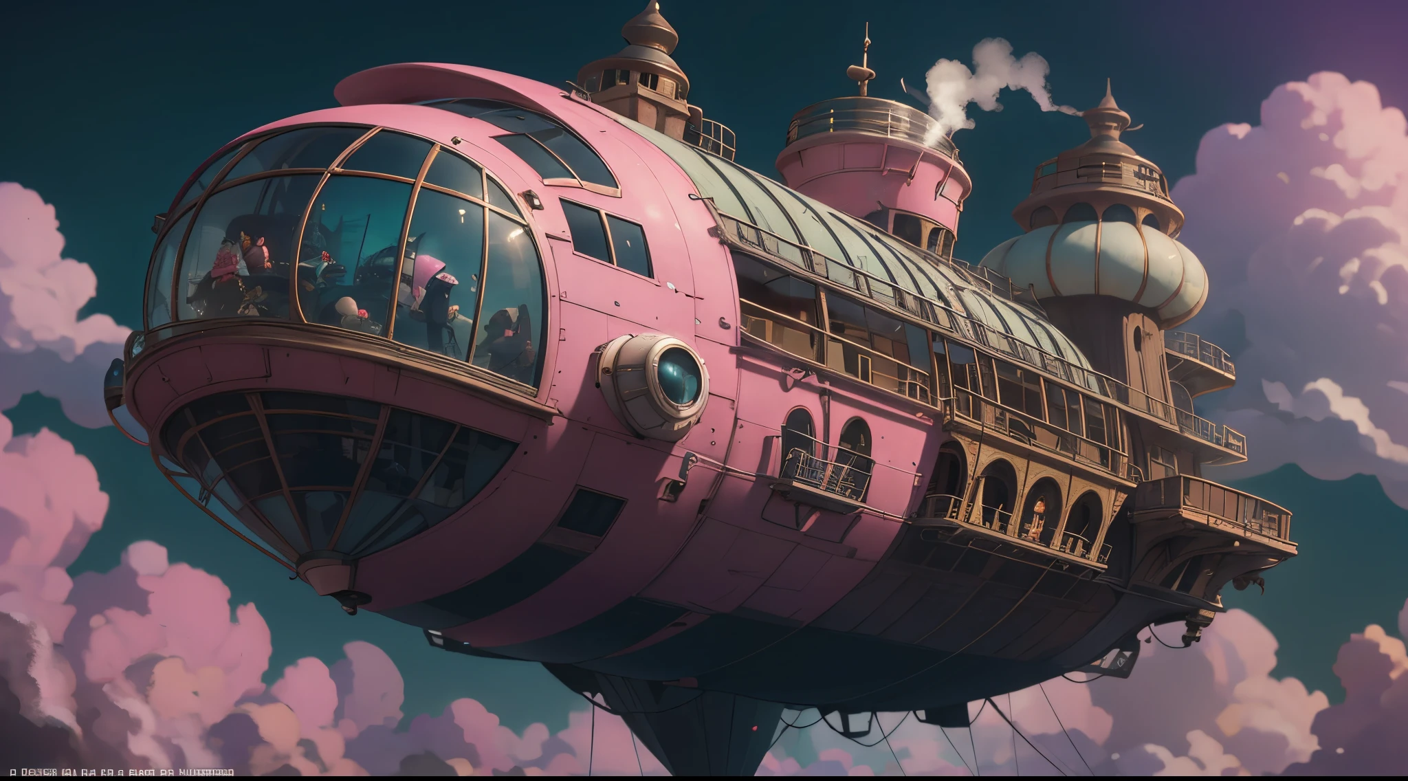 aerial perspective，（disney theme park：1.4），a steam airship，in pink，Cartoonish，Beyond imagination，Overclocked renderer，Colorful，vibrant with colors，high high quality，16K resolution，（Best quality），（tmasterpiece），ultra - detailed，Detailed details，Accurate