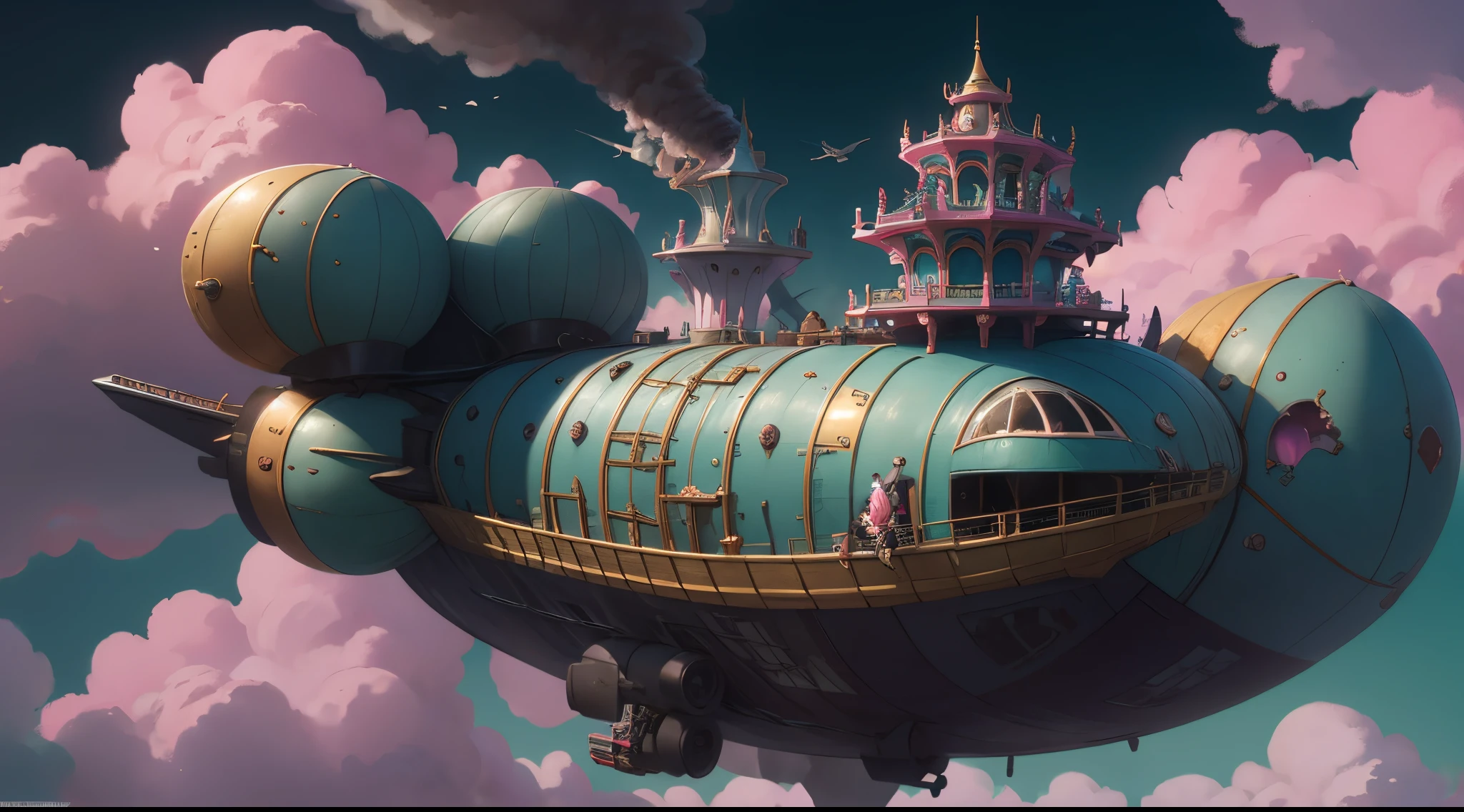 aerial perspective,(disney theme park:1.4),a steam airship,in pink,Cartoonish,Beyond imagination,Overclocked renderer,Colorful,vibrant with colors,high high quality,16K resolution,(Best quality),(tmasterpiece),ultra - detailed,Detailed details,Accurate