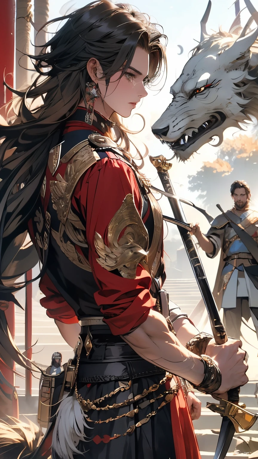 A fierce battle is about to break out between the two sides, Male warriors stand on high ground, Swinging a spear, Soldiers of all ranks followed, Wait for command, Tension on the battlefield, , 12), Best Quality, Masterpiece, super detaill, High Details,