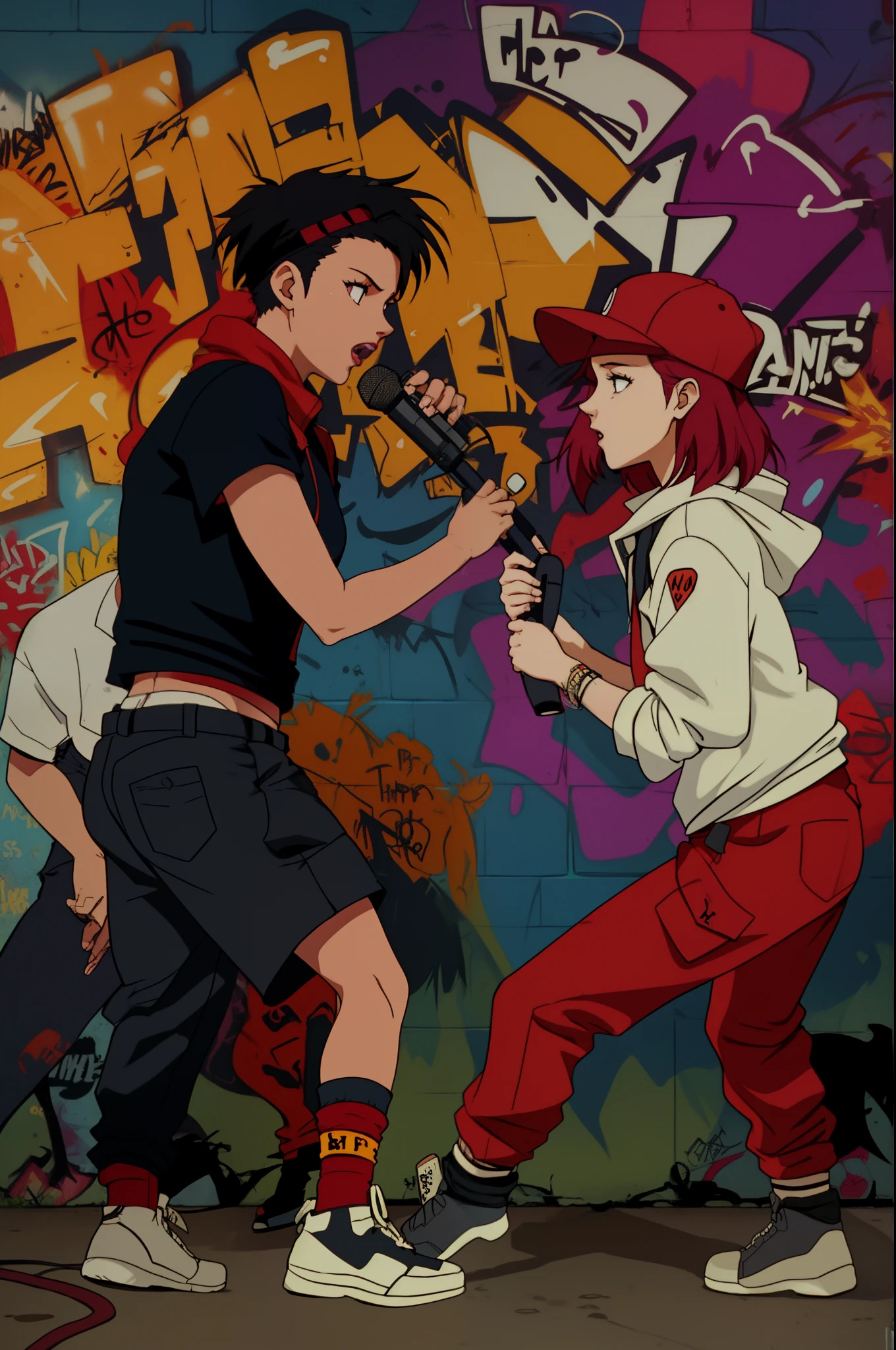 (hip hop scene) 2 females rappers facing each other in over graffiti allyway with mic rapping rap battle evangelion anime style