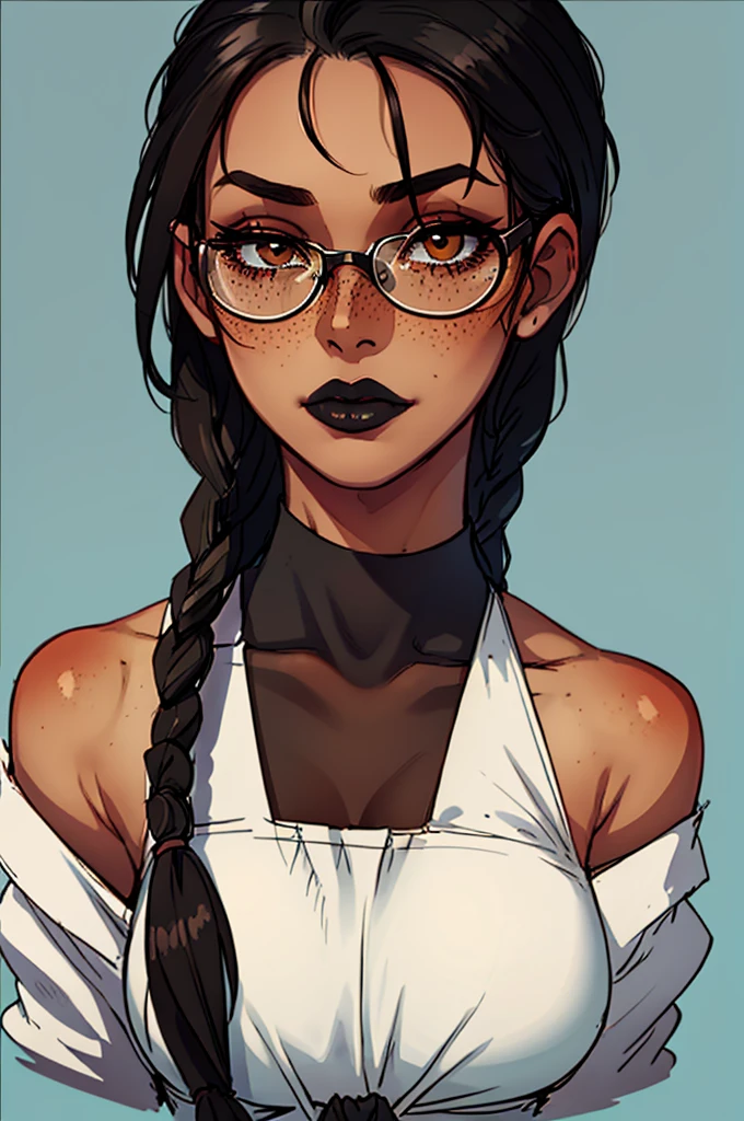 Masterpiece, best quality, portrait, female, tanned skin, black lips, Black hair which she always has tied in two braids that hang over her shoulders, wears large round glasses, dark brown eyes, doesn't wear makeup, freckles, beautiful