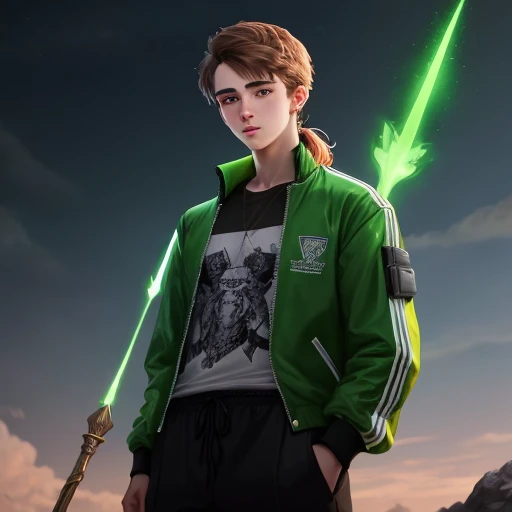 21 year old man with brown hair and a short ponytail wearing a black T-shirt with green sleeves, the entire lower half of his body is completely cybernetic in a cartoony way made with black titanium and green light emitting in the cracks of his joints, he has green eyes, he has a black and green letterman jacket tied around his waist, and he has a large emerald obsidian spear
