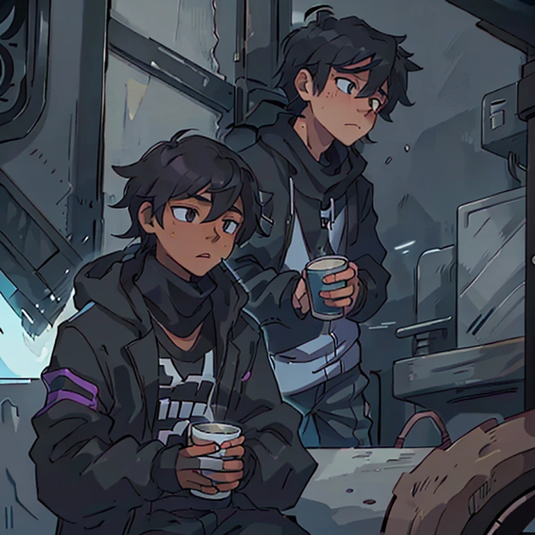 A black 18 year old boy in the middle of the dark city, he has on a black ski mask, a tuxedo with a cup of lean in the right hand he has a lot of hair