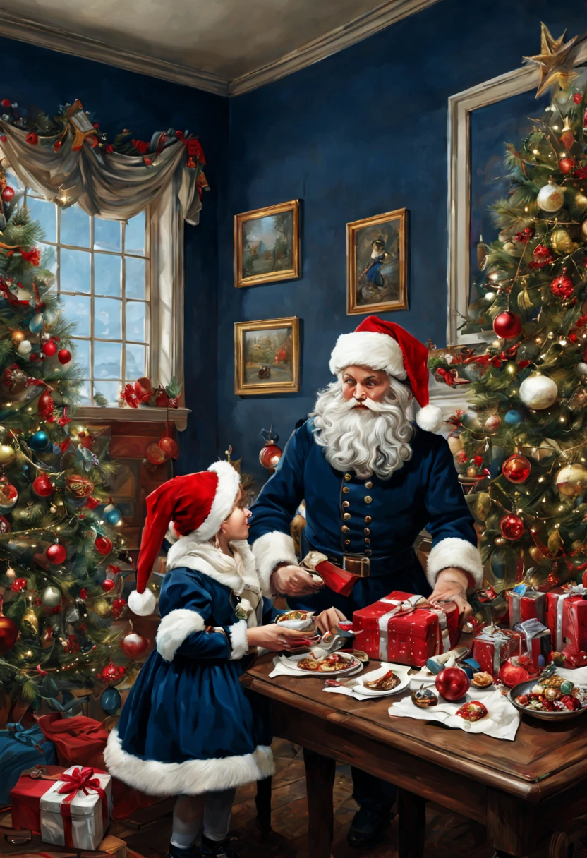 by Bob Byerley, Christmas color palette of Navy blue, scarlet red, silver, ivory, BREAK, enhance, intricate, (best quality, masterpiece, Representative work, official art, Professional, unity 8k wallpaper:1.3)