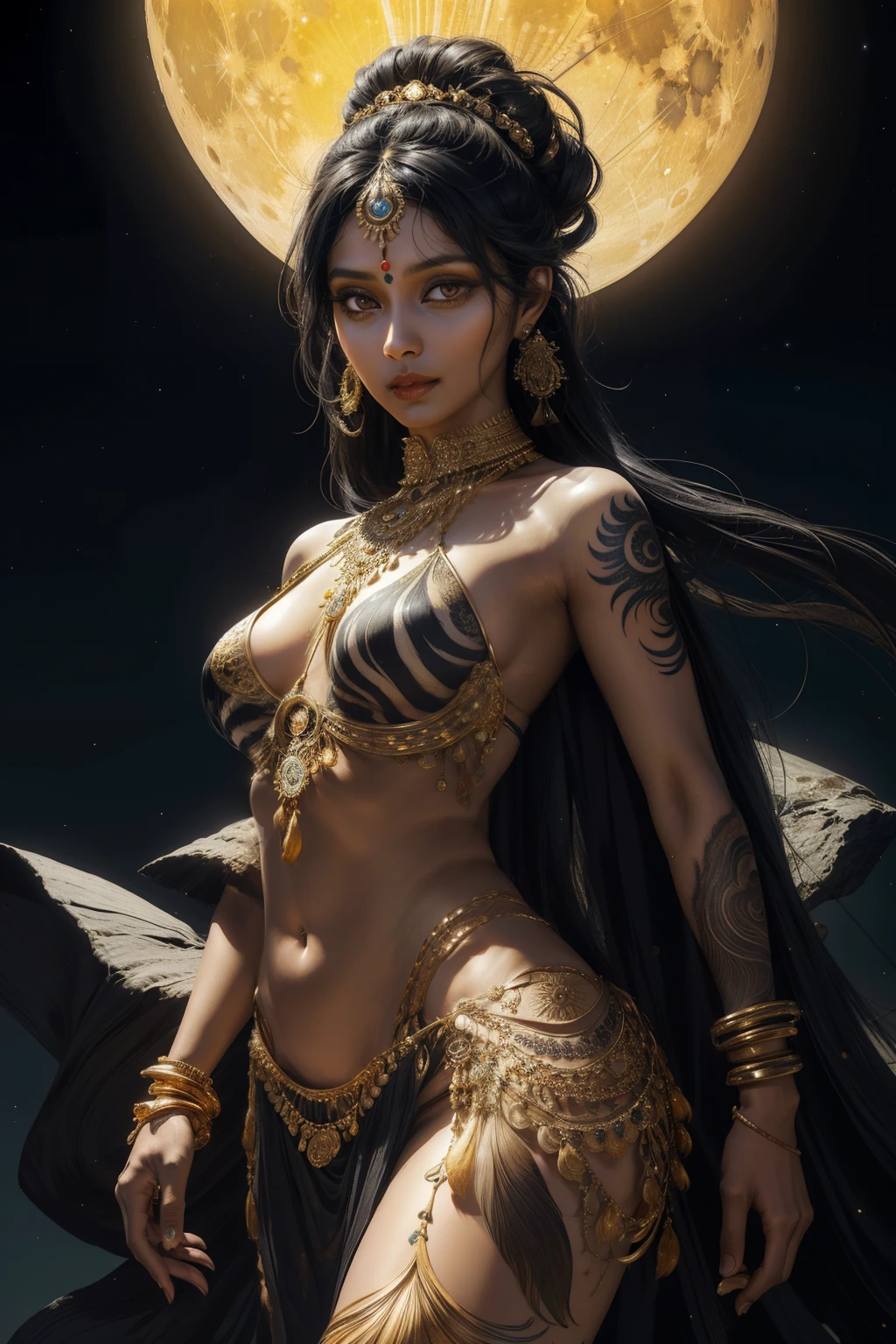a realistic Indian woman, 30 years old, full body tattoos, with dark black hair, very long hair, wearing a feminine chiton, white chiton, long chiton, golden chiton, fractal background, in the background there is a moon, dark background, light moon, studio lighting, Fractal Art