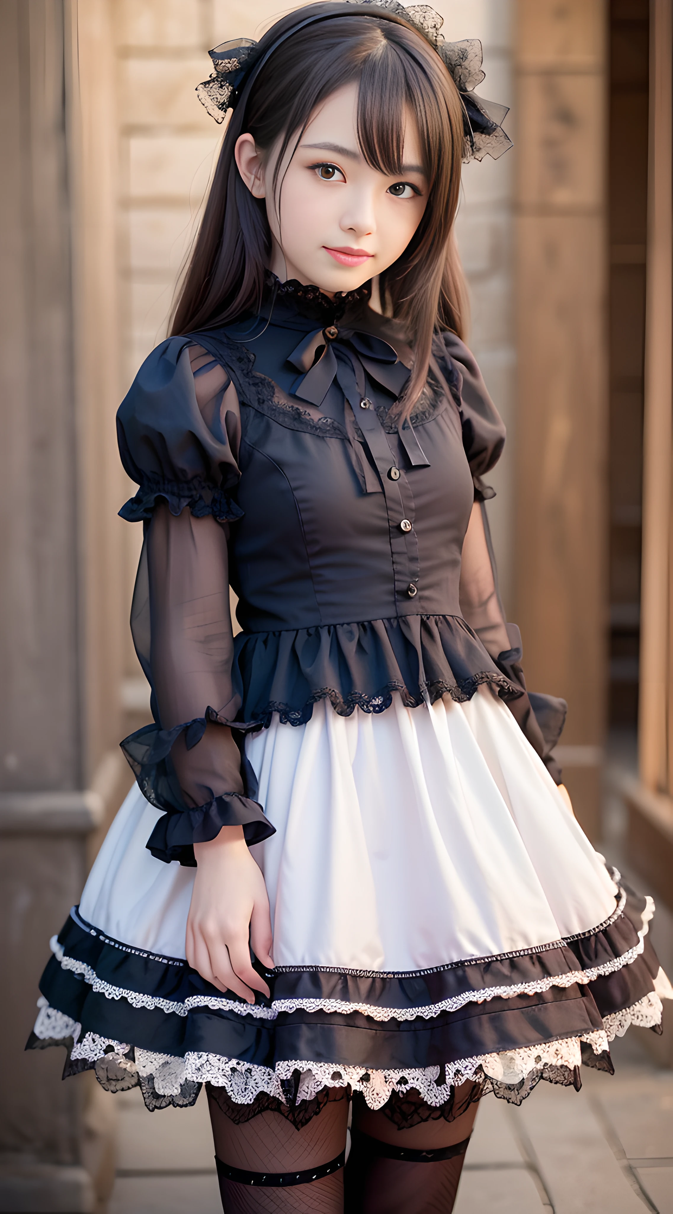 (8k、RAW Photos、Highest quality、masterpiece:1.2)、(Realistic、Realistic)、1 girl、((black and white、mini skirt、Goth、See-through、大きなribbon、Frills、boots、ribbon、garden、Thin legs、whole body、View from the front、Looking into the camera、Stand with hands on hips))、cute