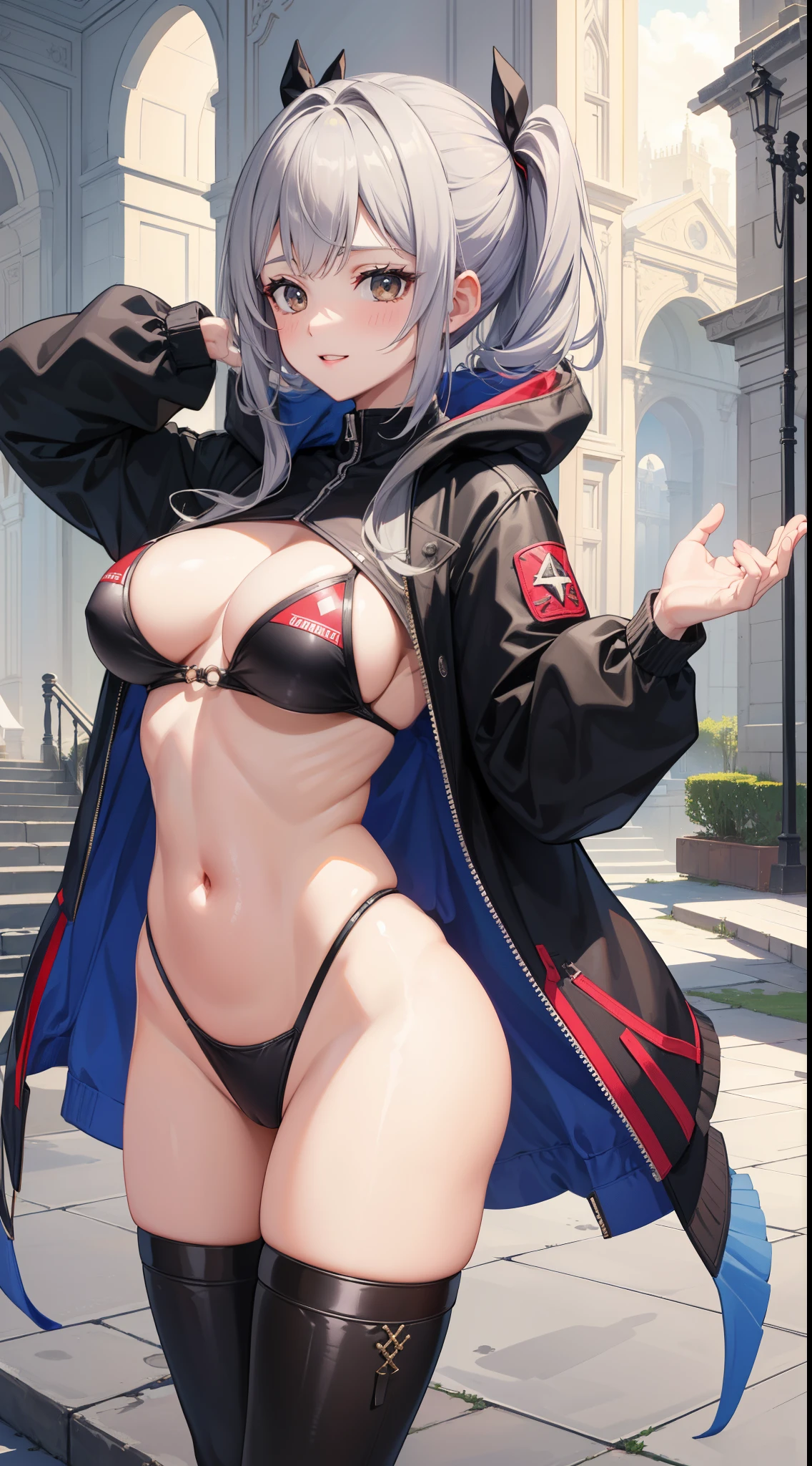 1 garota, decote, apalpando os seios, sorriso sexy, (alta qualidade, 8k, obra prima, qualidade ultra, extremamente detalhado) 1girl, highleg panties, hooded jacket, open jacket, hands, bikini, best quality, highly detailed