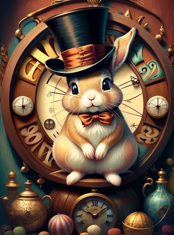 (cute baby rabbit with red top hat and lots of clocks), Munchkin ,Geometric multidimensional wall portrait, livro de arte, Tchibi,
Yang08k, Beautiful, Colouring,
Obras, of the highest quality, best quality, Arte Oficial, Beautiful and Aesthetic,