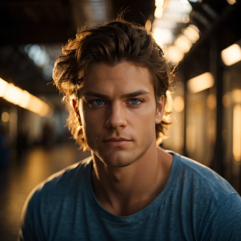 A photorealistic portrait striking blue eyes. He should have a natural, approachable expression and be illuminated by hard aesthetic look, golden-hour sunlight. The background should be a gym setup body building setting. Capture this image with a high-resolution photograph using an 85mm lens for a flattering perspective.