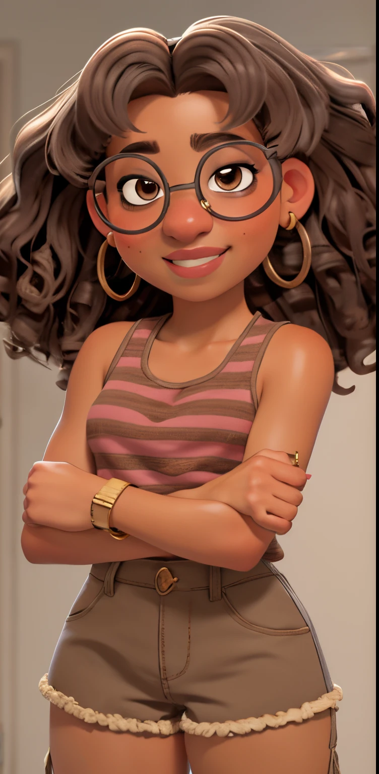 curly brown and gray hair, glasses with round frames, dark eyebrows, brown eyes, pink lips, golden earrings, slight frown, brown skin, smiling expression, ((red tanktop))