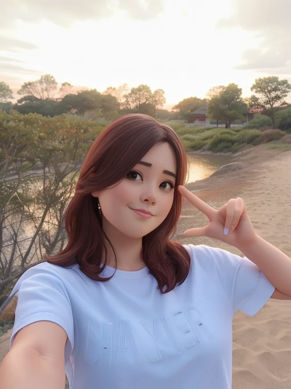 there is a woman taking a selfie with her fingers, with sunset, jaeyeon nam, 3 , 38 years old, with short hair, 2 7 years old old, 2 8 yearslfie photographhoe, inspired by Kim Jeong-hui, 2 9 years old, anime thai girl