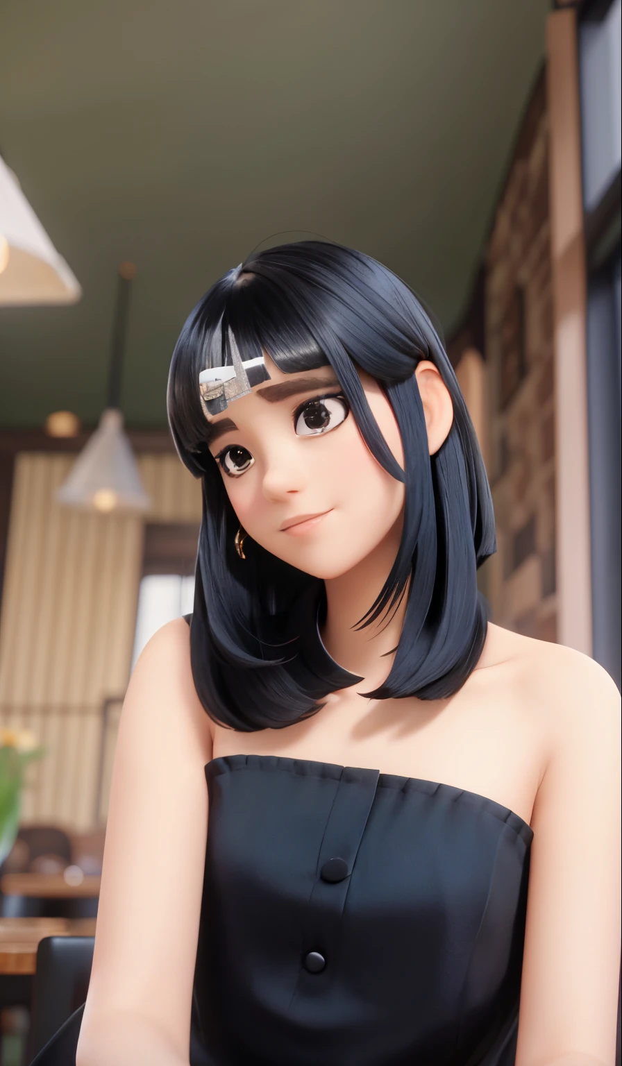 araffe woman in a black dress sitting at a table, with short hair, shoulder-length black hair, shoulder length black hair, she has black hair with bangs, black hime cut hair, neat hair with bangs, with bangs, white hime cut hairstyle, the hime cut, with full bangs, ulzzang, with short hair with bangs