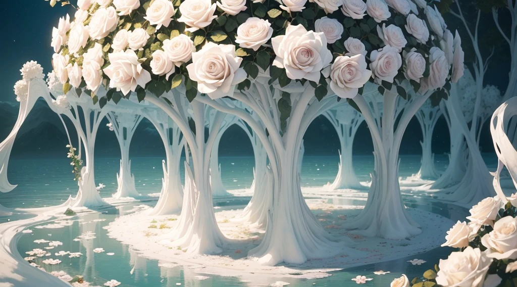White tones，Best quality at best,4K,8K,A high resolution,tmasterpiece,ultra - detailed，(extremly intricate,Rose blanche)，theme park,Beautiful and delicate rose，(Romantic and dreamy atmosphere),Delicate and beautiful flowers,(White rose bush，white rose vines twining),whimsical creativity，((The boundless sea of flowers，Extremely vast and spectacular))
