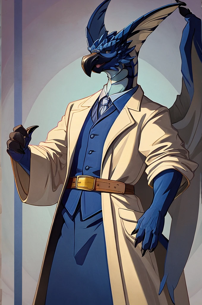 A Legiana as a German official posing for a portrait, white-blue uniform, clawed fingers, 4 fingers, 1900s photograph, long coat, open coat, blue outlining, padded fingers, golden-blue belt, tail,
