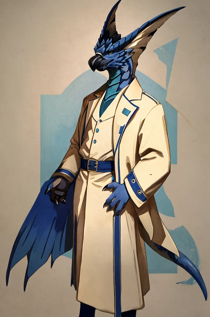 A Legiana as a German official posing for a portrait, white-blue uniform, clawed fingers, 4 fingers, 1900s photograph, long coat, open coat, blue outlining, padded fingers, golden-blue belt, tail,