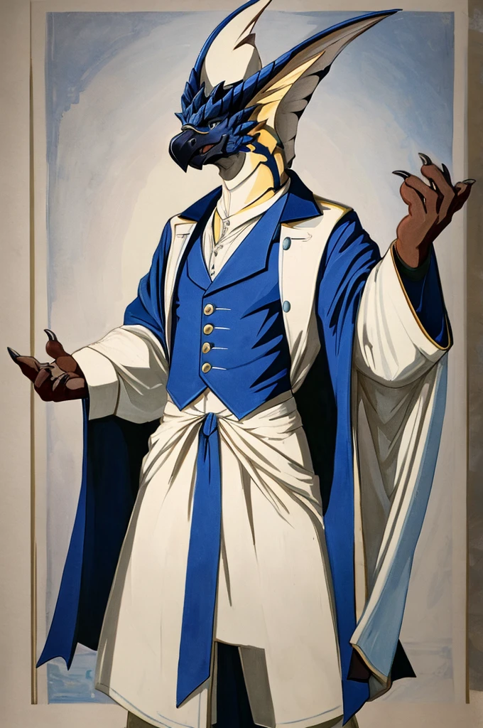 A Legiana as a German official posing for a portrait, white-blue uniform, clawed fingers, 4 fingers, 1900s photograph, long coat, open coat, blue outlining, padded fingers, golden-blue belt, tail,