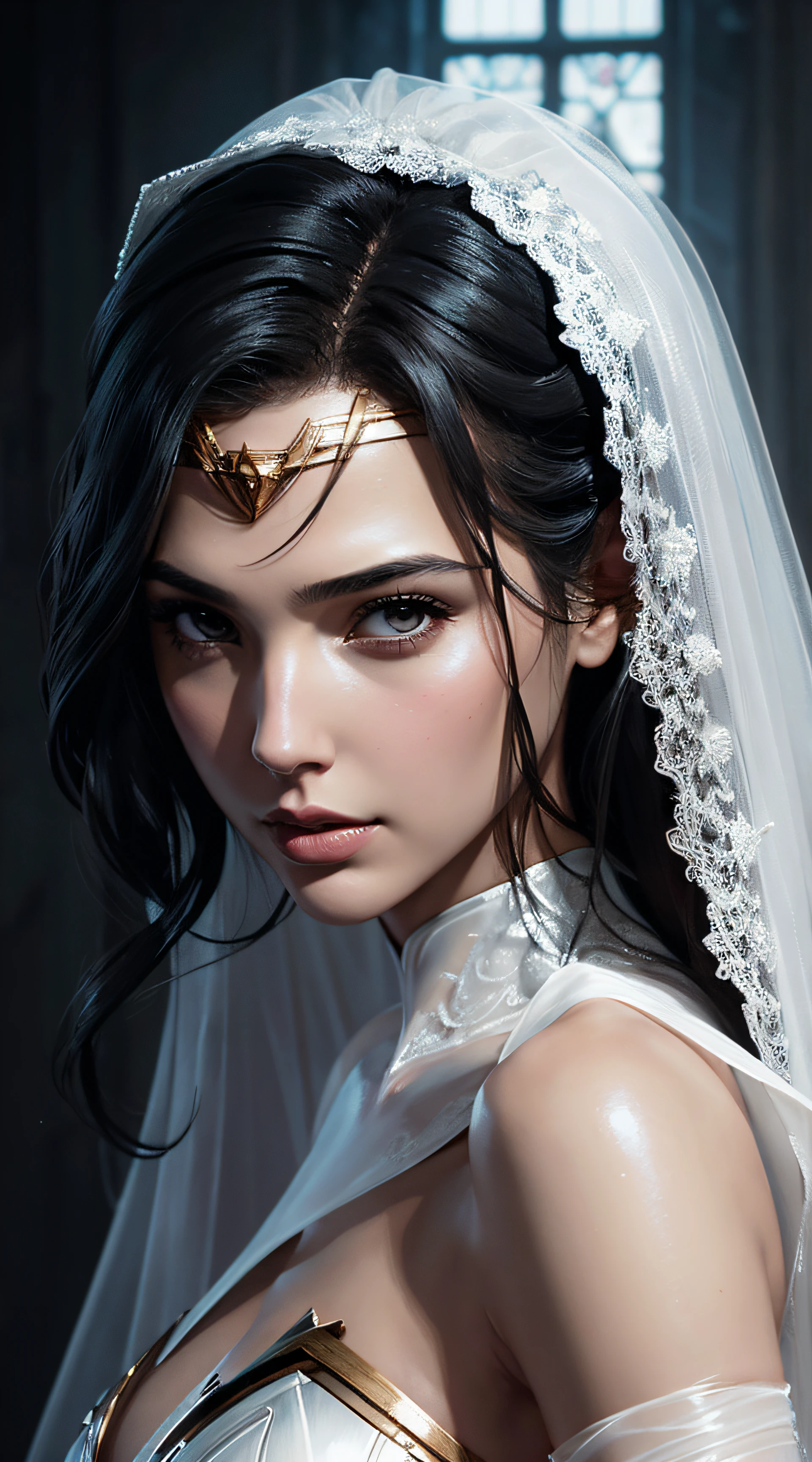 Gal Gadot, veil bride latex white sexy clothes, character portrait, 4 9 9 0 s, long hair, intricate, elegant, highly detailed, digital painting, artstation, concept art, smooth, sharp focus, illustration, art by wlop, charlie bowater and alexandra fomina