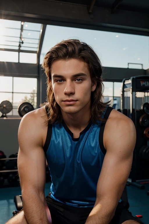 A photorealistic portrait of a 25-year-old American man with , short hair and striking blue eyes.  illuminated by hard aesthetic look, golden-hour sunlight. with gym setup at background .