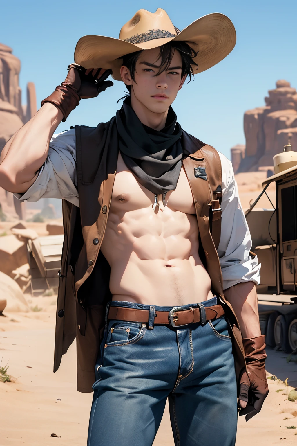((masterpiece)), ((best quality:1.2)), High Resolution, 8k, (ultra_realistic:1.3), (photorealistic:1.4), sharp focus, yaoi, 1boy, (perfect face), cowboy , half asian half caucasian, white man, handsome sexy ,abs, jeans , shirtless , mask scarf , cowboy hat , gloves, boots, ammunition belt, desert environment