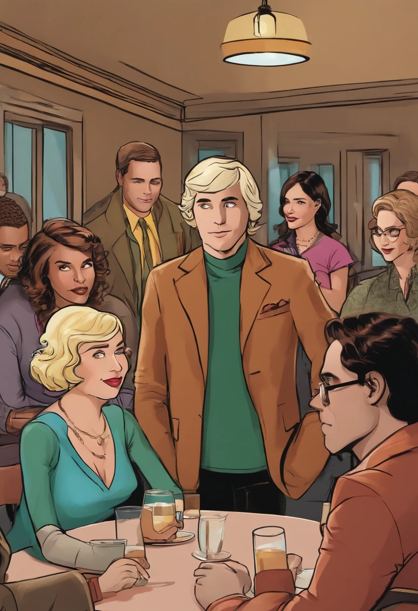 A photo of Howard at a speed dating event, surrounded by single women sitting at tables.,The Big Bang Theory,Woward is a man with a large nose, brown bowl cut, and wears turtlenecks, male