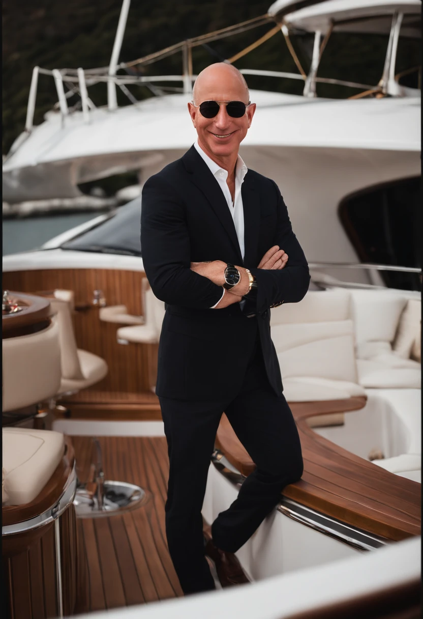 A photo of Bezos at a luxury yacht party with A-list celebrities,original,Jeff Bezos, the founder of Amazon, is known for his bald head and often a warm, yet measured smile, presenting a recognizable and influential figure in the tech world. He usually appears in public wearing professional yet relatively understated attire, reflecting his practical approach to business and life. He’s gotten absolutely jacked after taking lots of testosterone and HGH., male