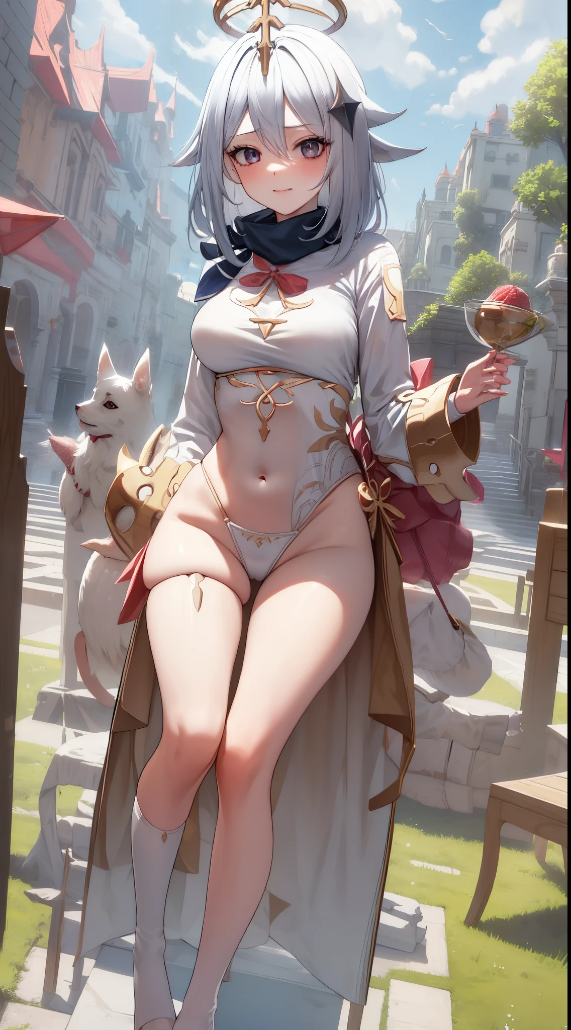 paimon_genshin, 1 garota, decote, apalpando os seios, sorriso sexy, (alta qualidade, 8k, obra prima, qualidade ultra, extremamente detalhado) 1girl, highleg panties, hooded jacket, open jacket, hands, bikini, best quality, highly detailed