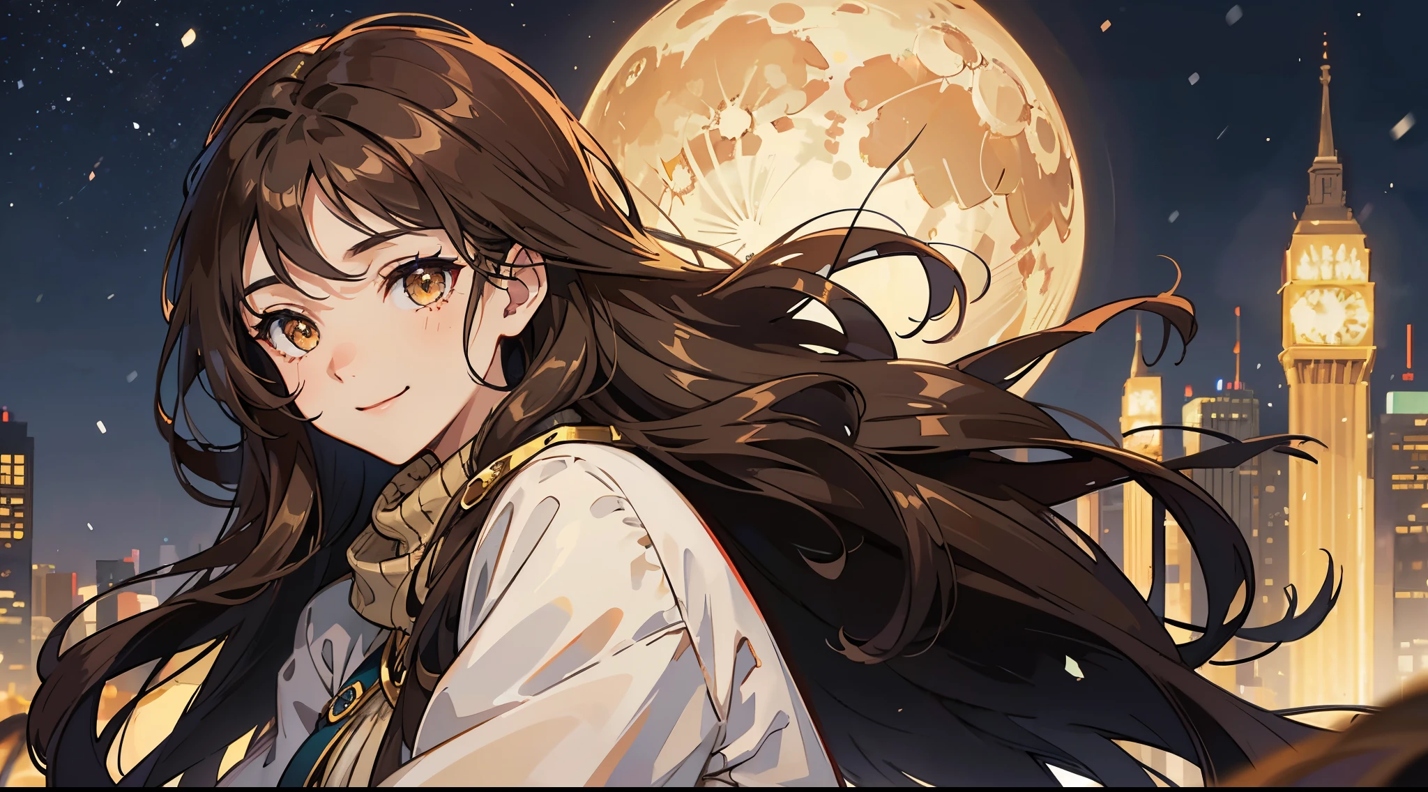 Woman , long brown wavy hair, long brown wavy hair, floating wavy hair, wavy hair, golden eyes, golden eyes, FOV, f1.8, masterpiece, complex scene, front portrait shot, casual clothing, modern clothing, simple clothing, winter clothing, snowing, night, moon in the sky, stars in the sky, city in background, close up, smiling
