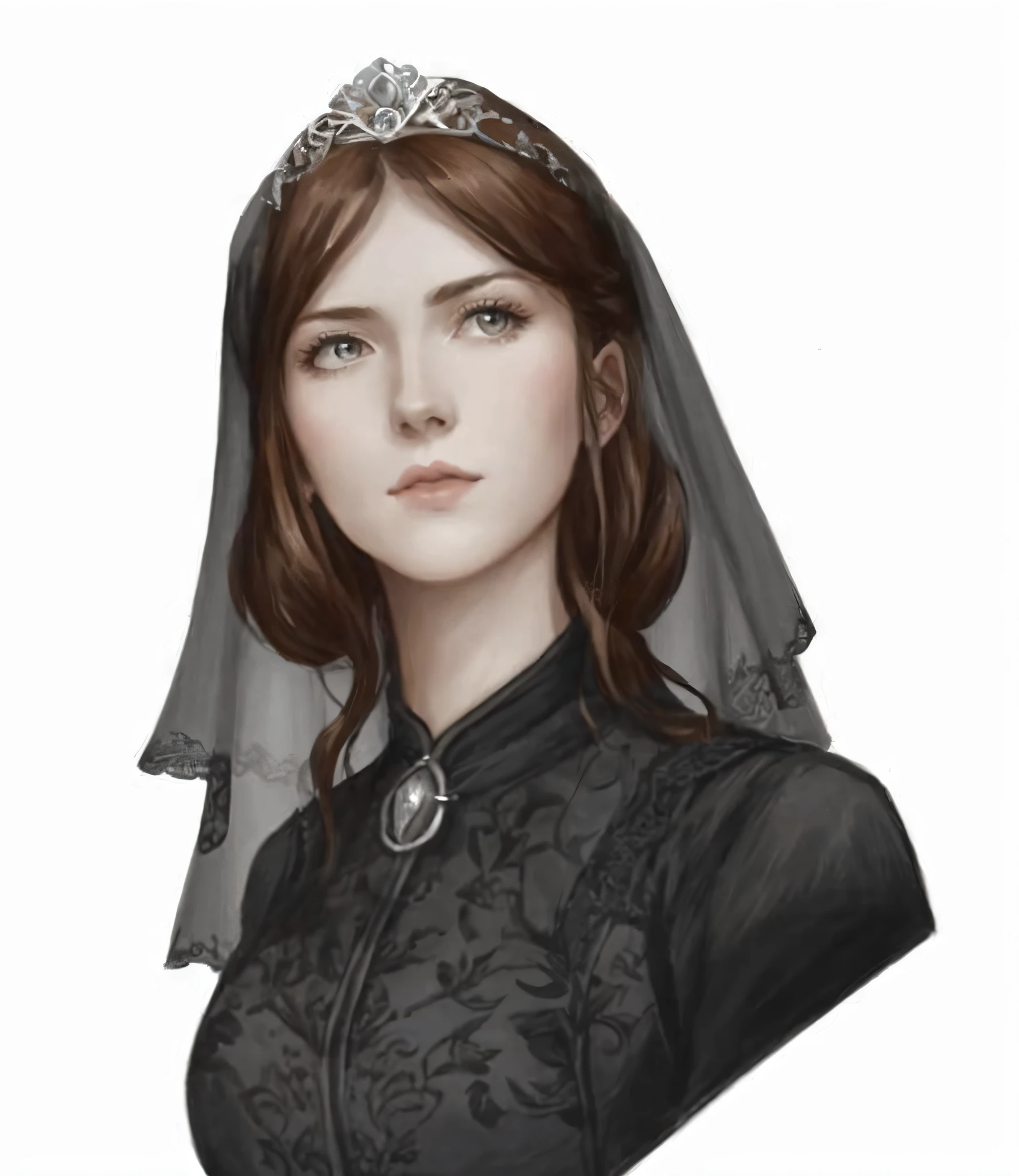 a drawing of a woman in a veil and a tia, cattie - brie of mithril hall, inspired by Thyrza Anne Leyshon, detailed character portrait, sansa, inspired by Júlíana Sveinsdóttir, female lead character, inspired by Valéria Dénes, sansa stark, character portrait art