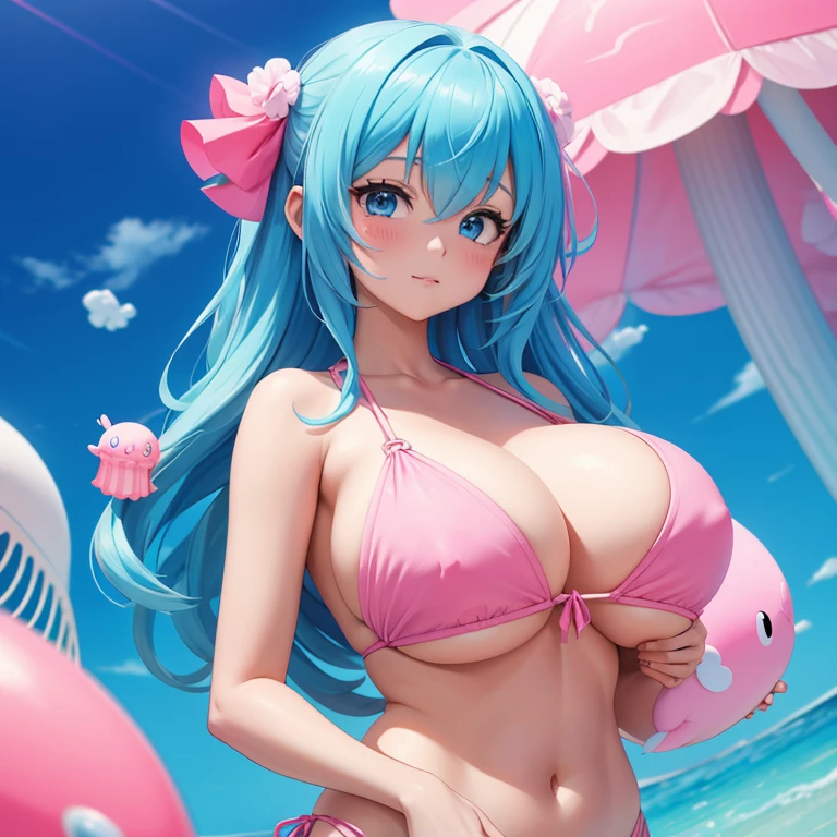 Cute anime girl with pink and cotton candy blue hair, hugging a jellyfish plush, wearing a blue bikini with big boobs