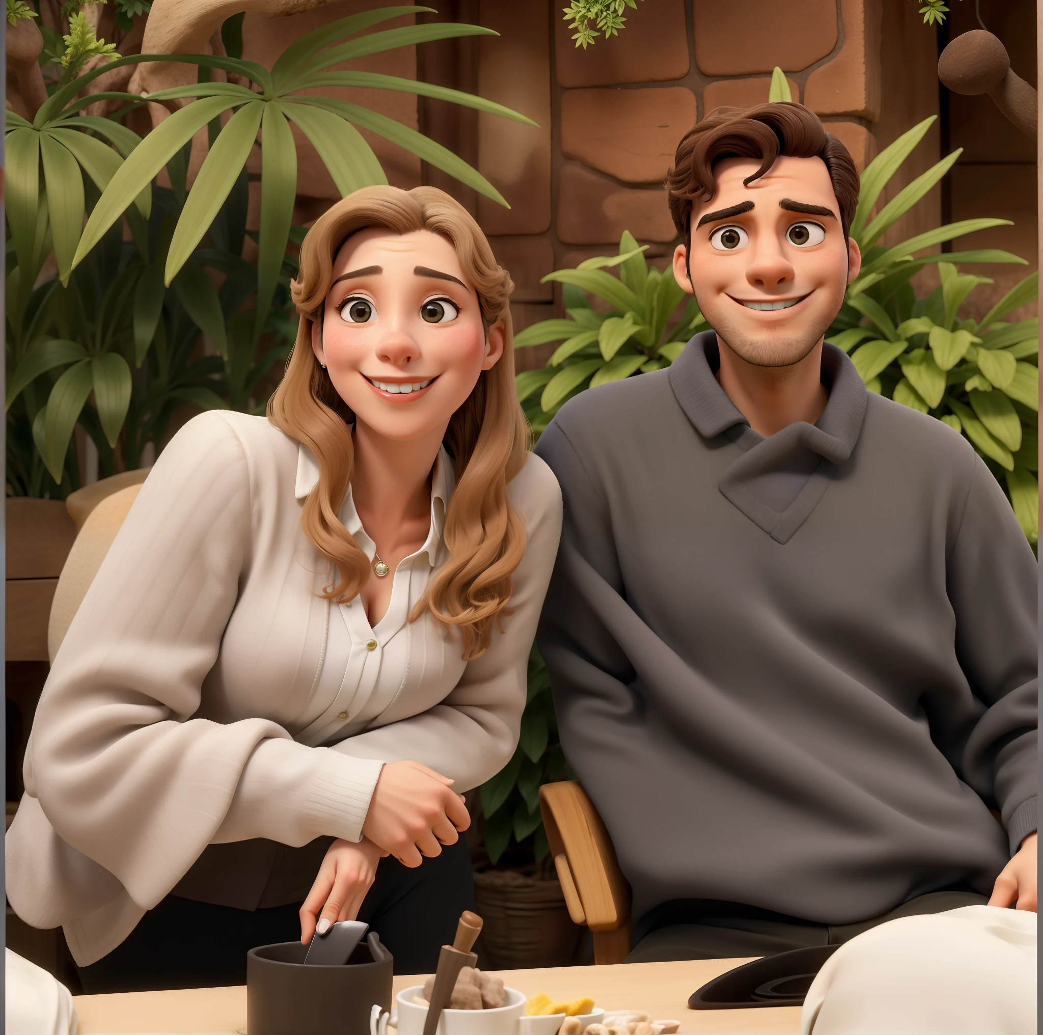 Obra-prima, de melhor qualidade, um casal jovem, elegantes, vestindos com casaco,  sentados em lindo jardim.