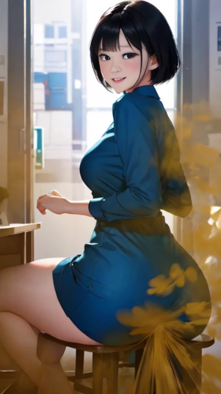 solo, {1girl, solo, 53 years old, milf, teal and green hair, messy hair, asymmetrical hair, ahoge, very short hair, aqua eyes, medium breasts, pale skin, glasses}, bathrobe, (deep blush:1.3), volumetric lighting, night, lounger, open clothes, nipples, pussy